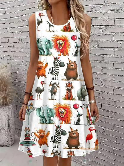 Sleeveless Round Neck Lions Zebras Elephants Print Dress