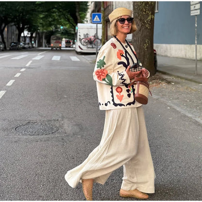 Boho Colorful Flower Print Cardigan Round Neck Long Sleeve Coat Jacket