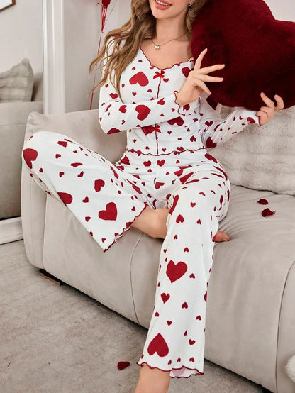 Heart Print Long Sleeve Pyjamas Set
