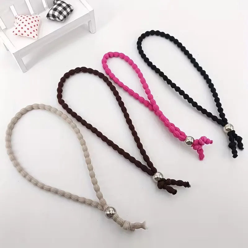 4pcs Adjustable Beaded Hair Ties Set Vintage Knitted Style High Elasticity for Curly