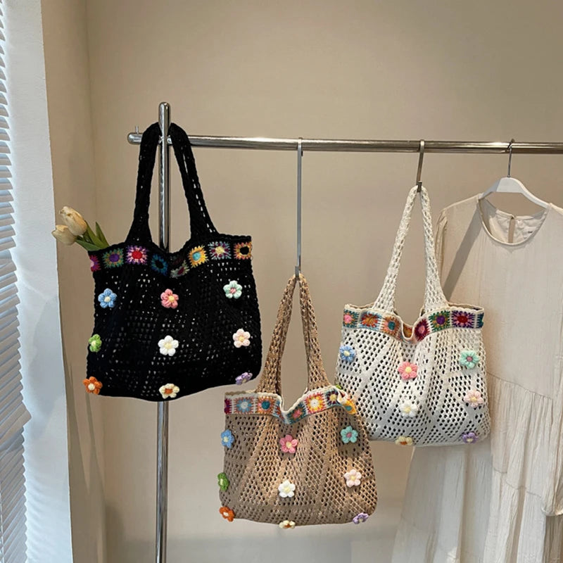 Flower Beach Tote Colorful Beads Floral Trim Natural Straw Crochet Shoulder Bag