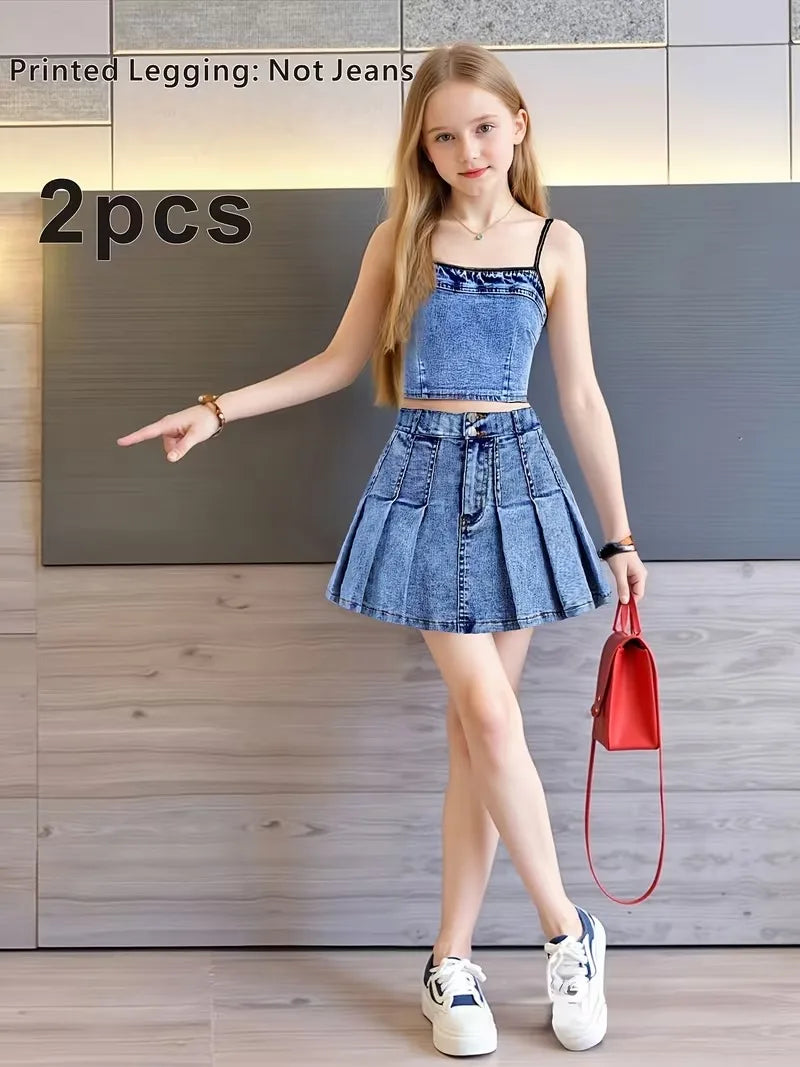 Faux Denim Outfit Mini Skirt Set