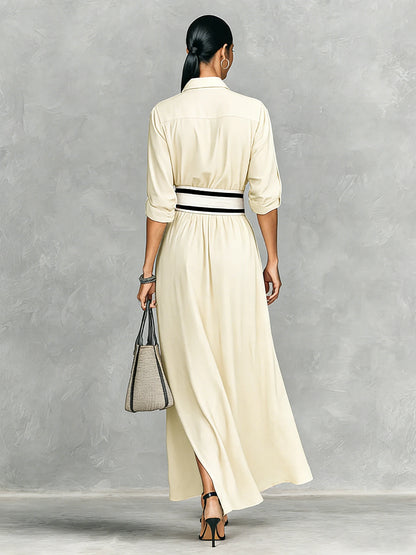 Shirt Maxi with Wide Striped Belt  Roll-Up Sleeve High Slit Elegant Casual Dress