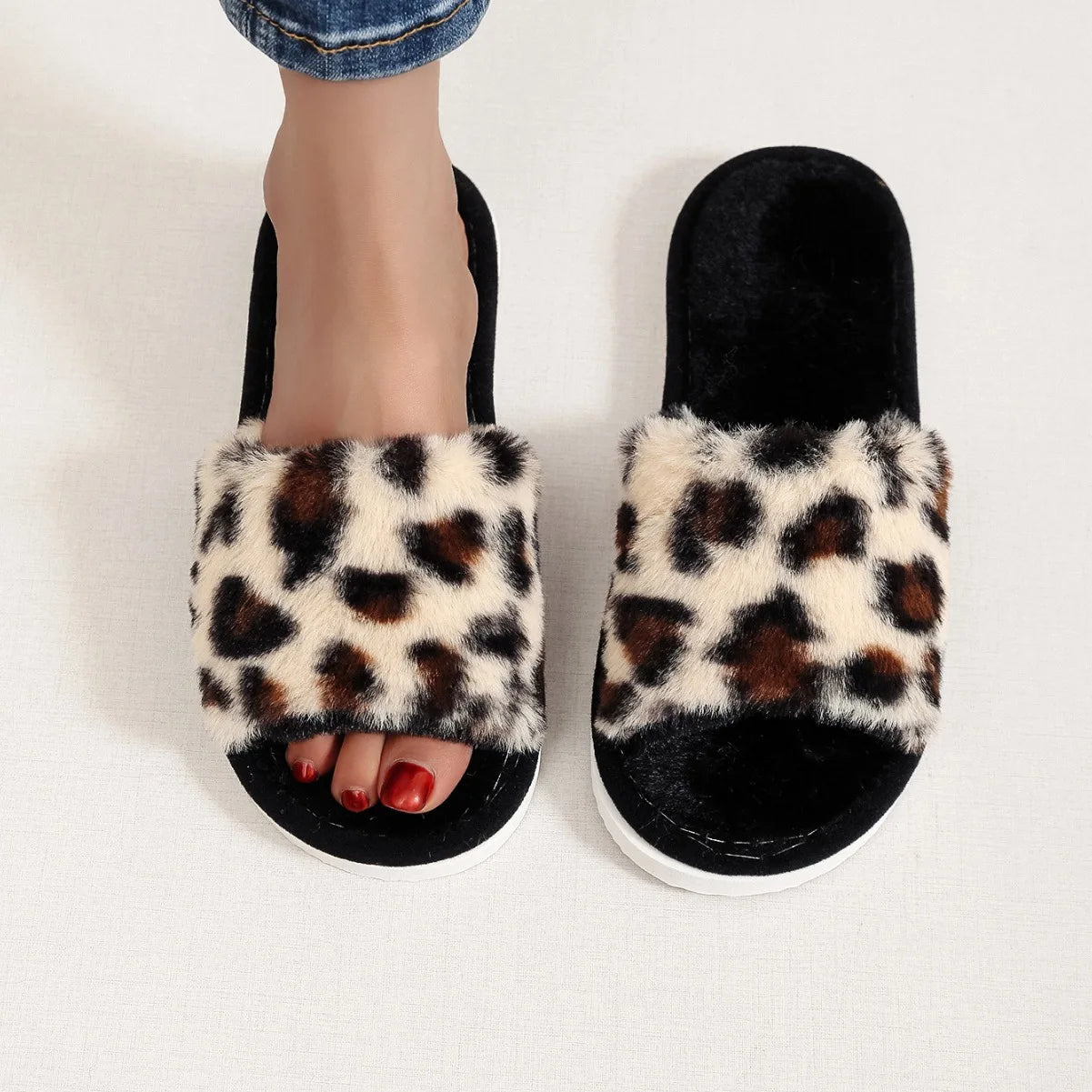 Leopard Print Fur Flip Flops Slippers