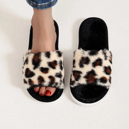 Leopard Print Fur Flip Flops Slippers