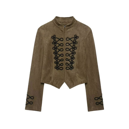Faux Suede Stand Collar Handmade Knot Slimming Long Sleeve Short Jacket