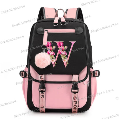 Black Pink Backpacks 26 Initials Flower A-Z Alphabet Large Capacity Students Bookbag