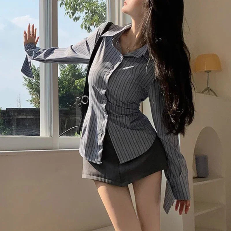 Striped Long Sleeve Jacket Slimming Shirt
