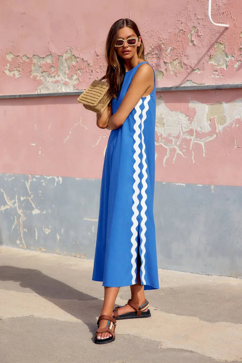 Summer Loose Casual O-neck Sleeveless Split Vintage Midi Dress