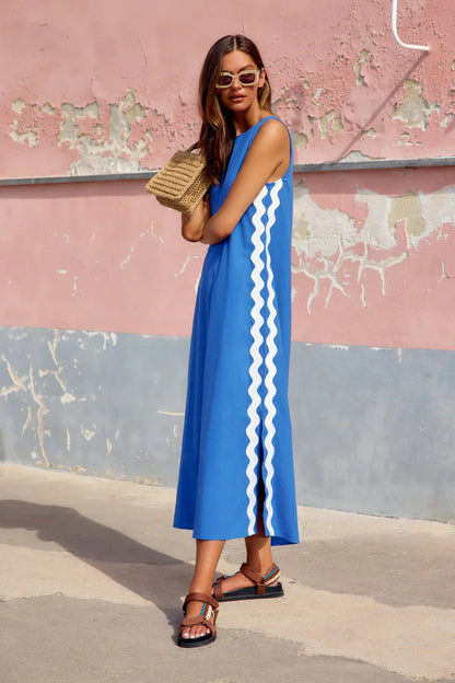Summer Loose Casual O-neck Sleeveless Split Vintage Midi Dress