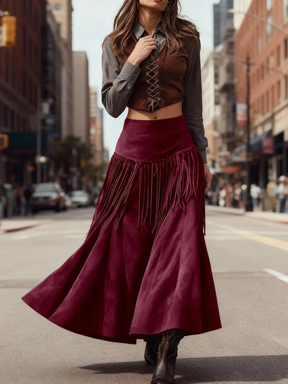 Ethnic Elegant Solid Tassel Slim Fit Midi Skirt
