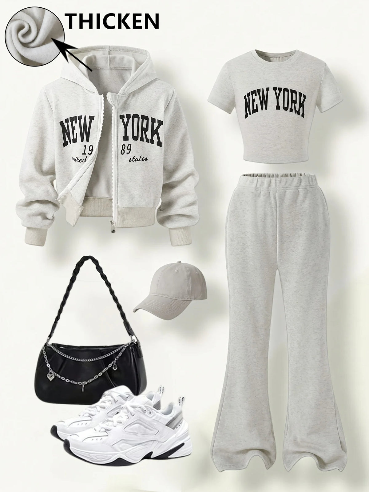 Autumn and Winter Thickened Hooded Zip-Up Jacket + "New York" Printed Set