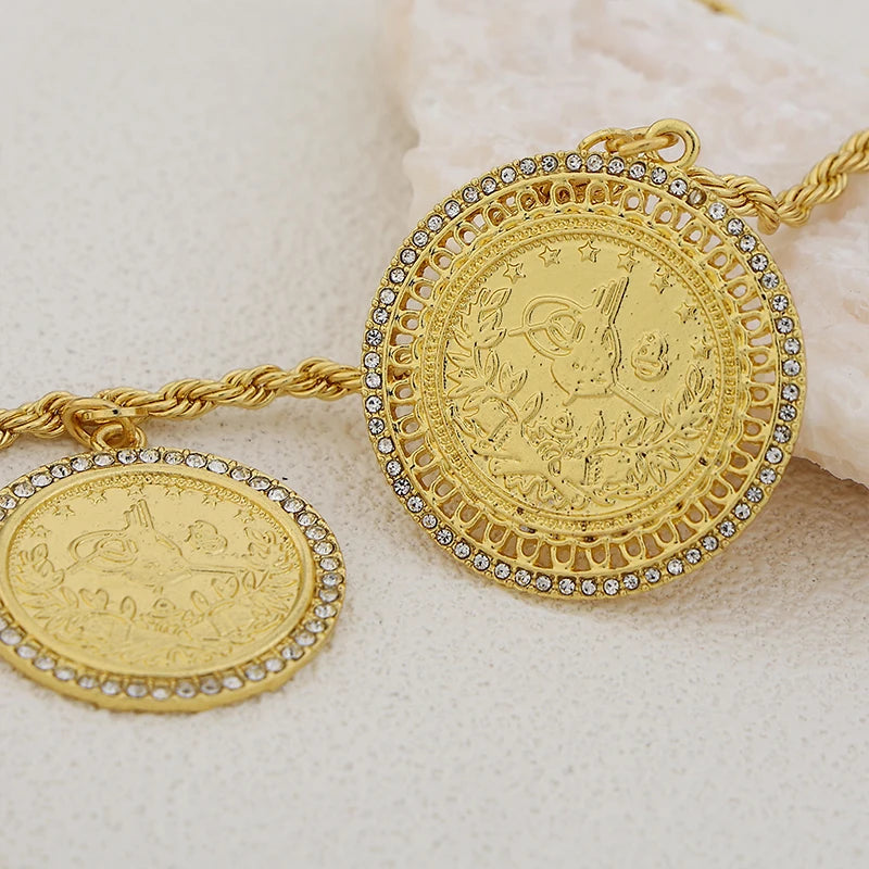 Moroccon Solid Coins Gold Plated With Rhinestone Single Chain Arabic Necklace