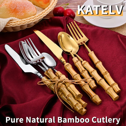 Natural Bamboo Handle Cutlery Set Stainless Steel Tableware Set