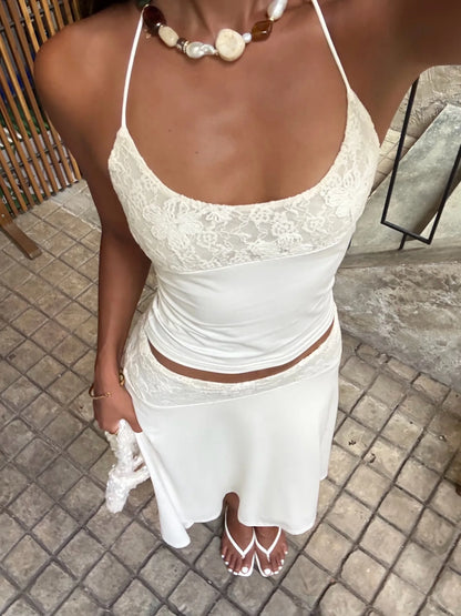 White Lace Patchwork Sexy Halter Dress Sets