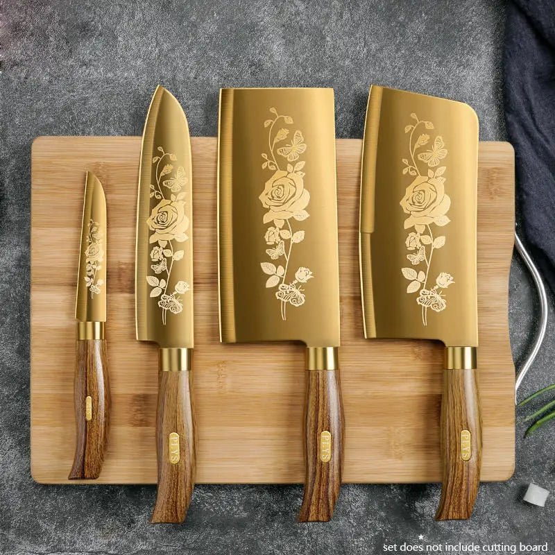 Golden Rose Pattern Kitchen Knife Set