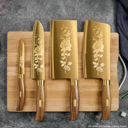 Golden Rose Pattern Kitchen Knife Set