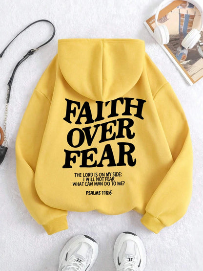 Casual Hoodies Faith Over Fear Letter Printing Sweatshirts Pocket Pullovers