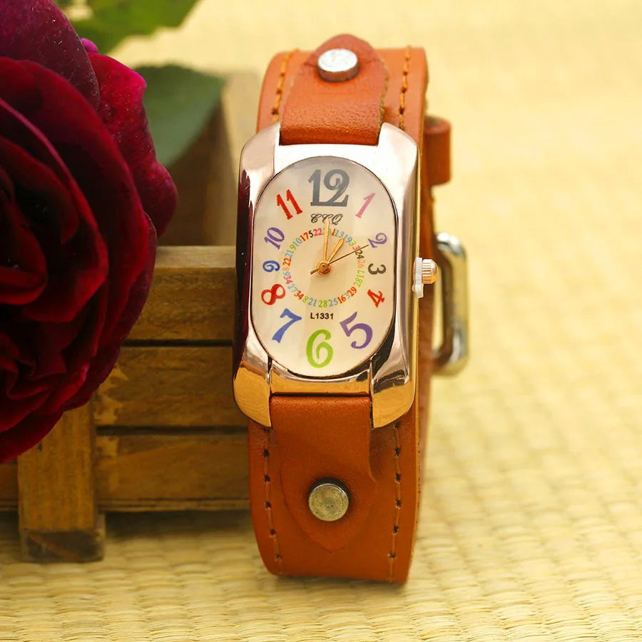 Cow Leather Strap Color Digital Rectangle Bronze Quartz Watch