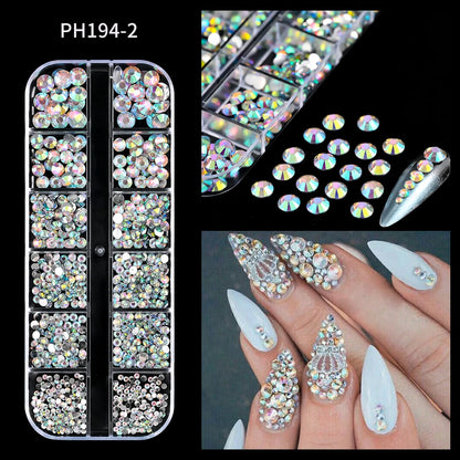 12Gird 3D Glass AB Crystal Nail Art Rhinestones Kit