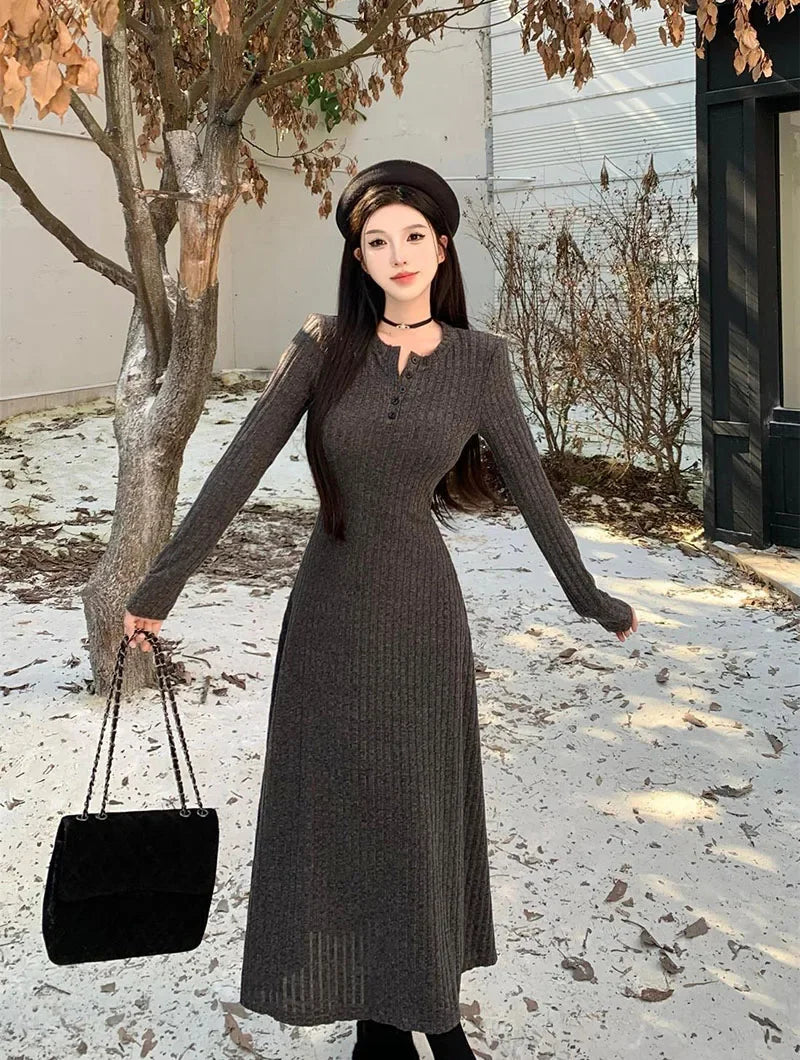 Elegant Slim High Waist Knit Long Sleeve Thick Warm Long Dress