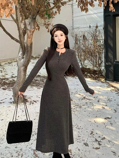 Elegant Slim High Waist Knit Long Sleeve Thick Warm Long Dress