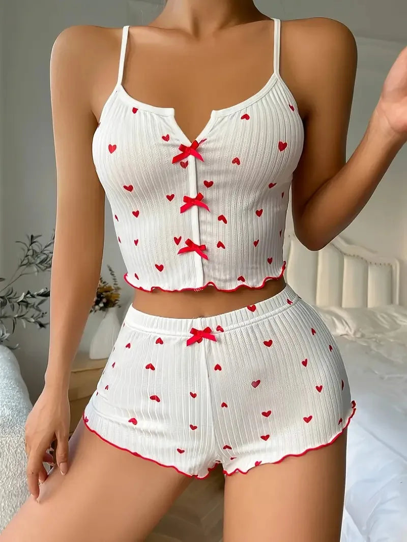 Heart Print Soft Ribbed Fabric Lingerie Sets
