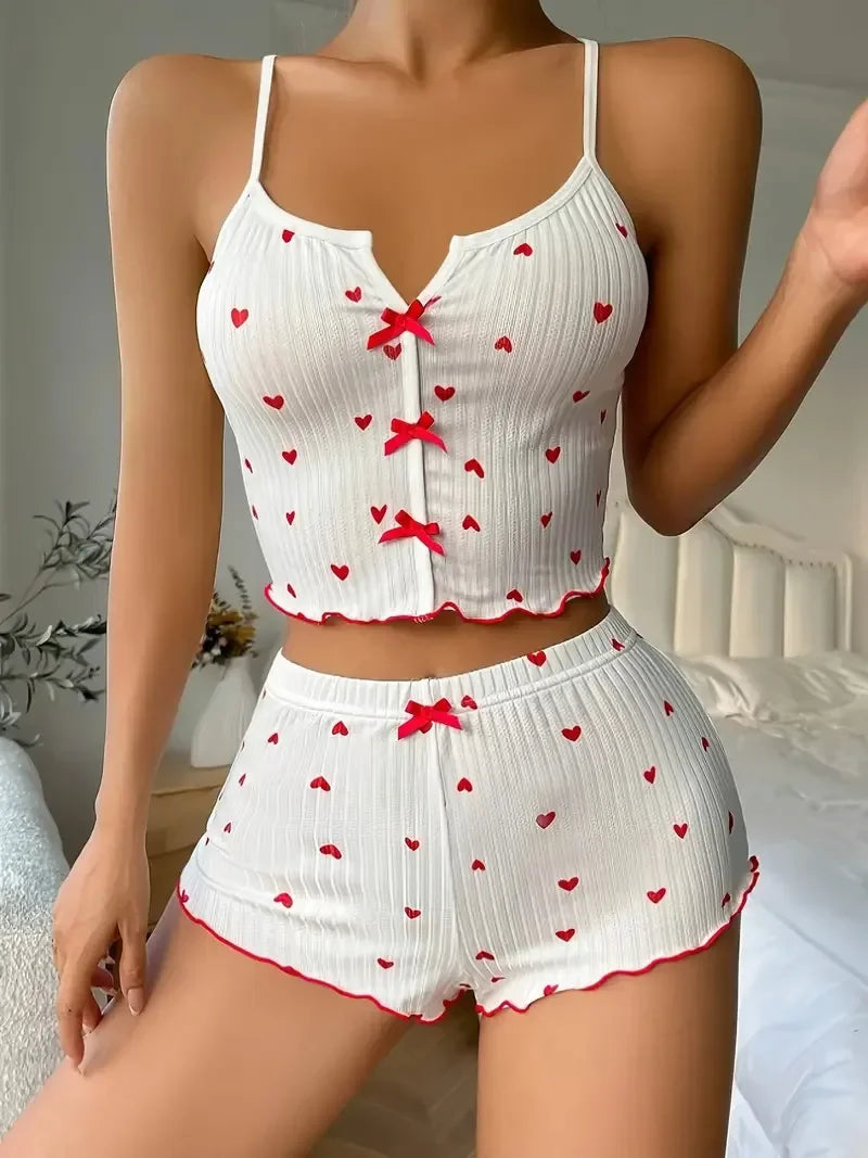 Heart Print Soft Ribbed Fabric lingerie Set