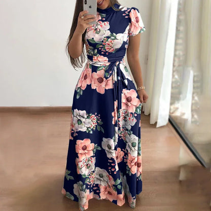 Floral Short Sleeves High Waist Maxi Dress