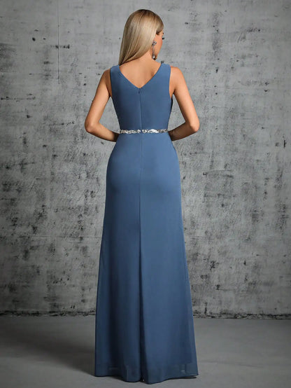 Mgiacy Shoulder silver sequin belt pleated chiffon slit skirt Dress