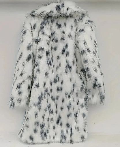 Faux Fur Long Warm White Leopard Print Long Sleeve Lapel Fox Fur Coat
