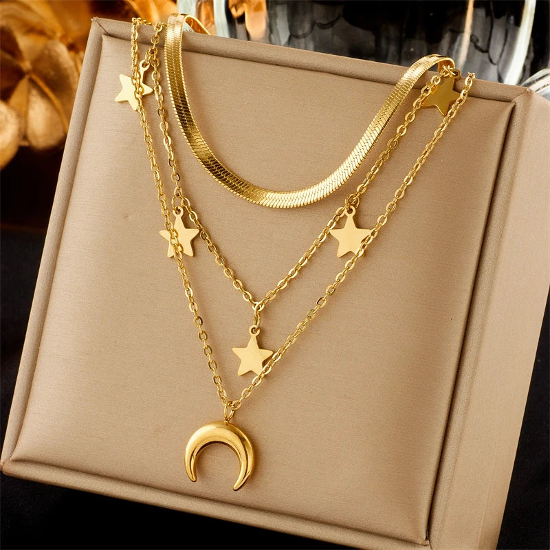 Stainless Steel Butterfly Moon Lock Blue Eyes Necklace