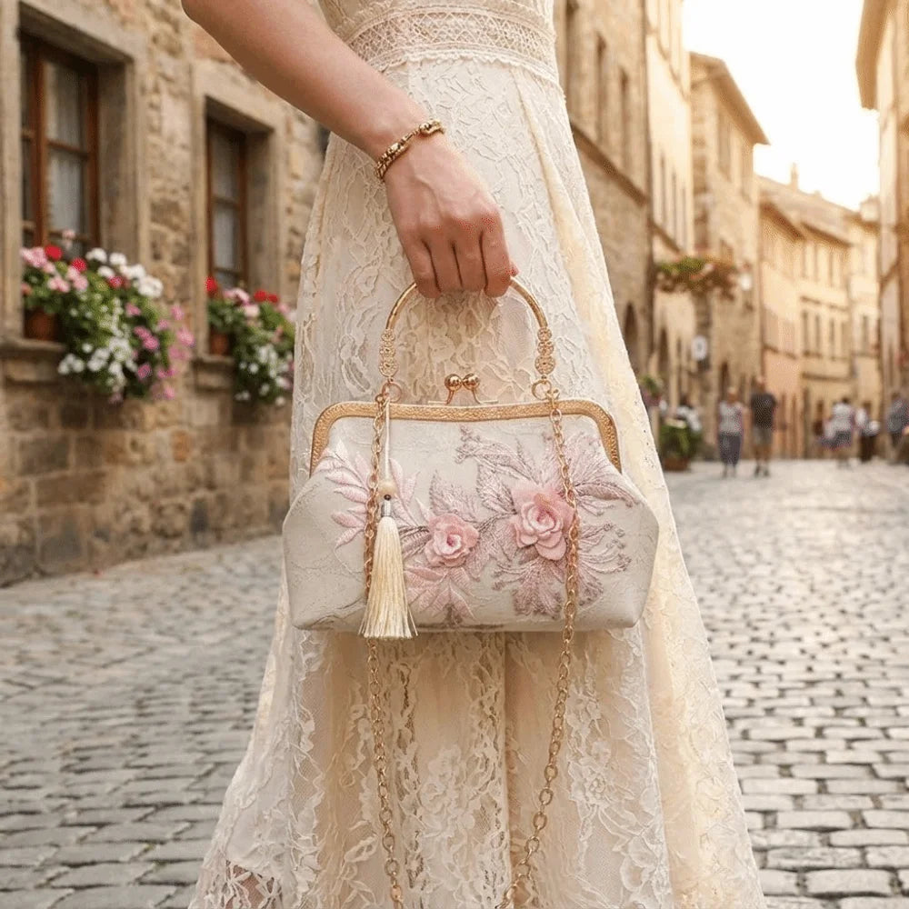 Vintage Kiss Lock Handbag Chinese Style Floral Lace Tassel Small Square Bag