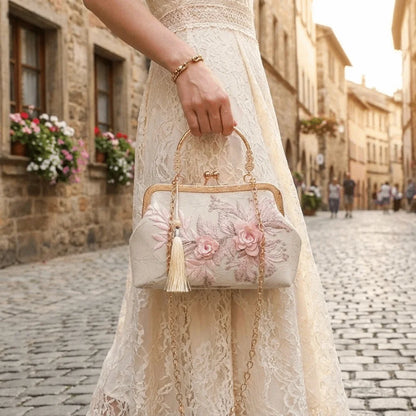 Vintage Kiss Lock Handbag Chinese Style Floral Lace Tassel Small Square Bag