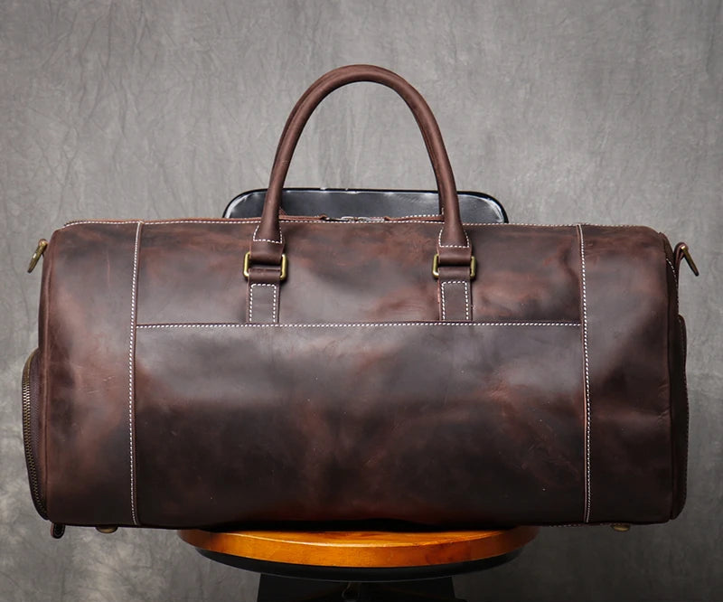 Vintage Crazy Horse Genuine Leather Travel Bag  Large Luggage