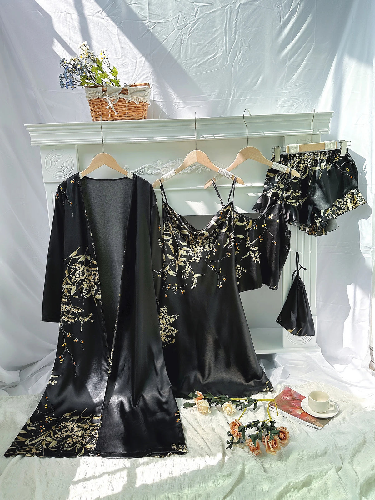 5pcs Floral Print Long Sleeve Robe Cami Dress Pajamas Sets