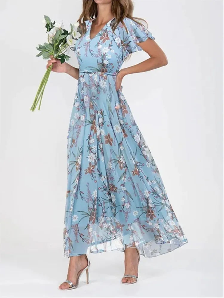 Elegant Flower Long Ruffle Short Sleeve Boho Style High Waist Dress