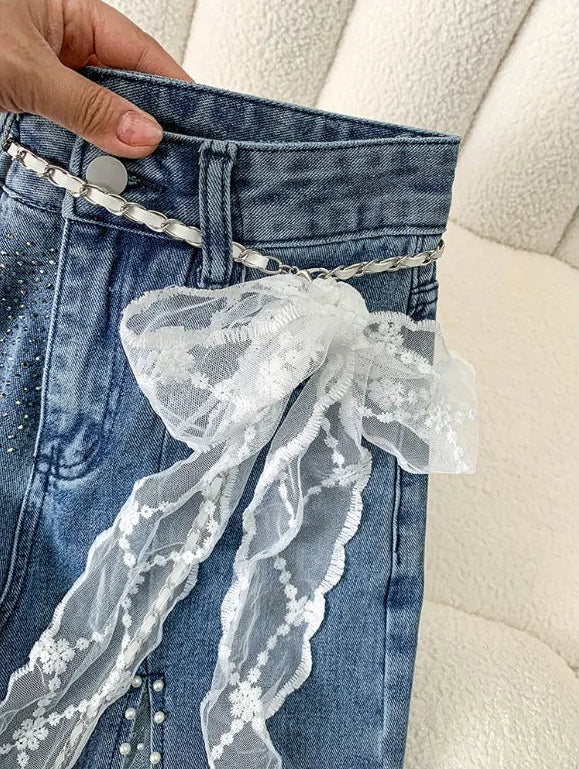 Baggy Jeans Flare Lace Applique Crystal Wide Leg Pearl Slit Pants