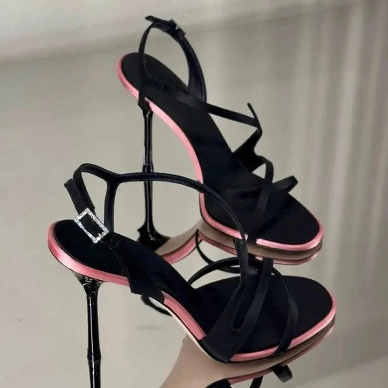 Satin Color Block Stiletto High Heels with One Belt