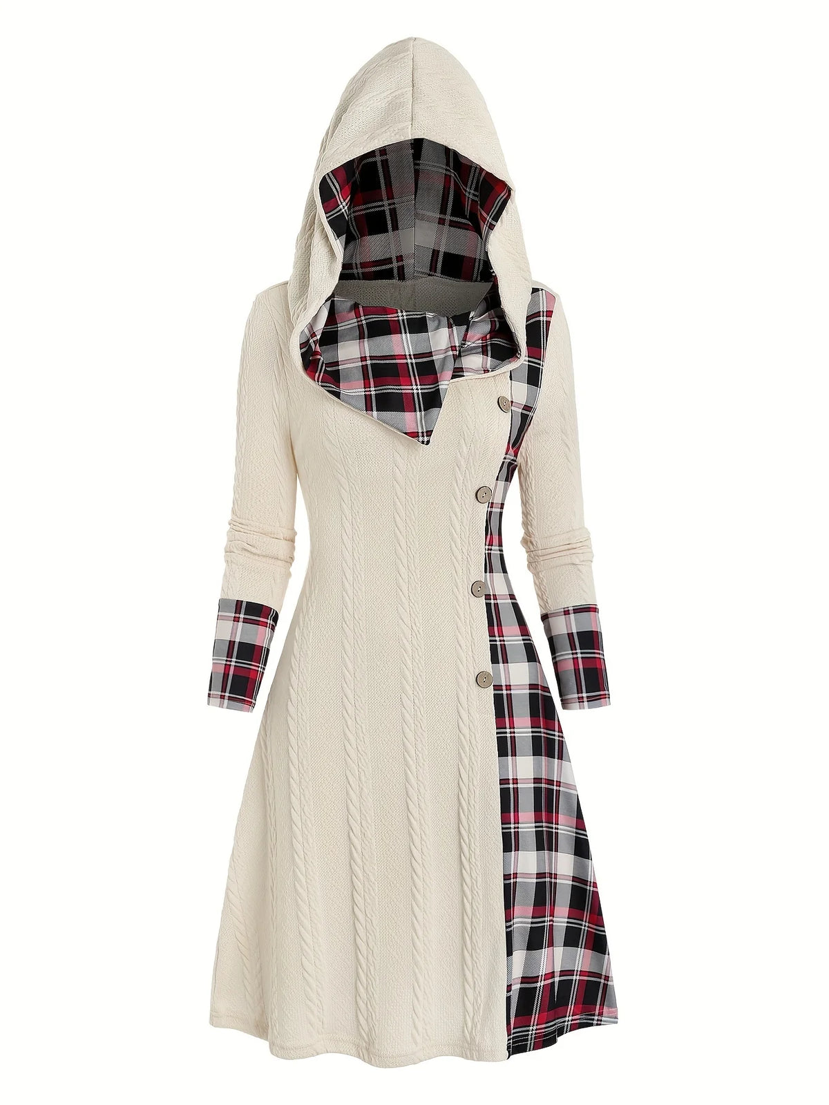 Knitted hooded plaid print stitching fake buckle high waist long sleeve dress