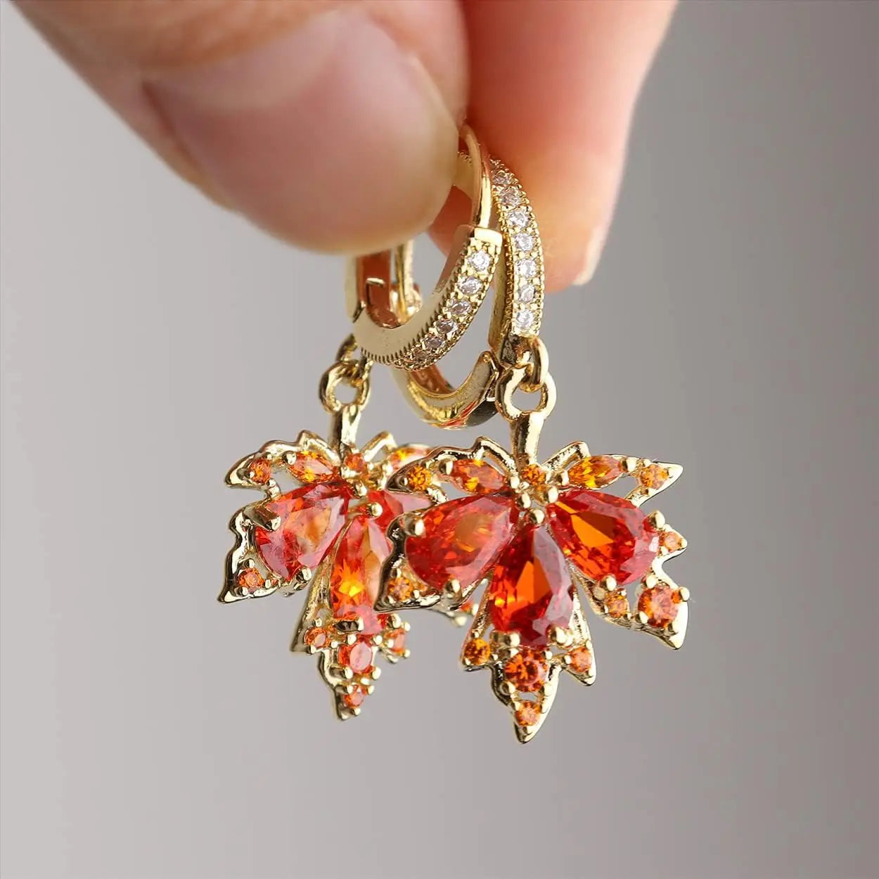 Dainty Rhinestone CZ Dangling Golden Leaf Small Hoop Dangle Earrings