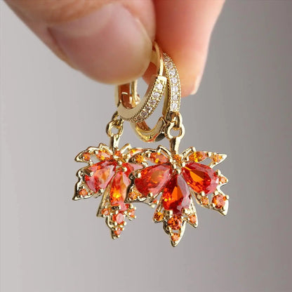 Dainty Rhinestone CZ Dangling Golden Leaf Small Hoop Dangle Earrings
