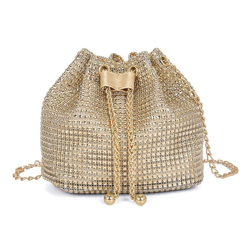 Sparkling Rhinestone Embellished Drawstring Crossbody Bag