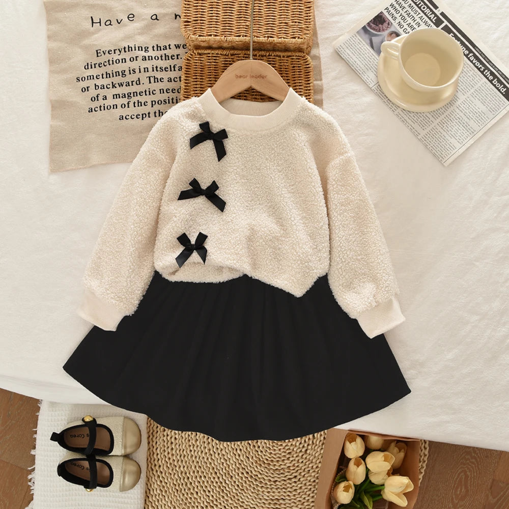 College Style Bow Long Sleeve Plush Top + Short Skirt Sets
