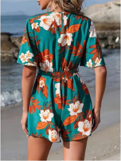 Printed V-neck Short Sleeve Jumpsuit