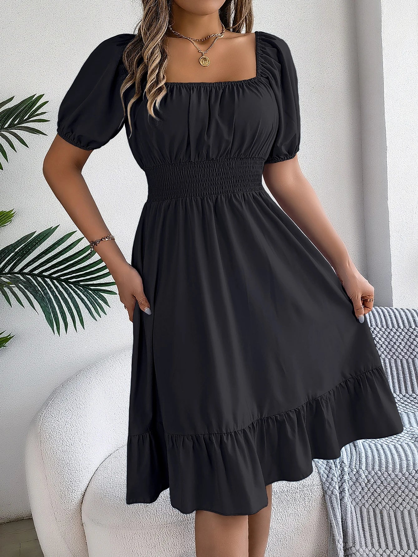 Puff Sleeve Square Neck Dress