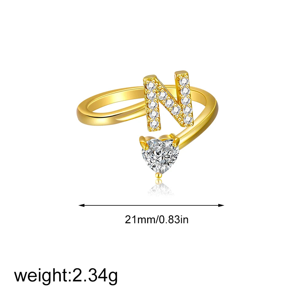 Gold Letter Open Heart Shape Cubic Zirconia  A-Z 26 Letter  Lnitials Rings