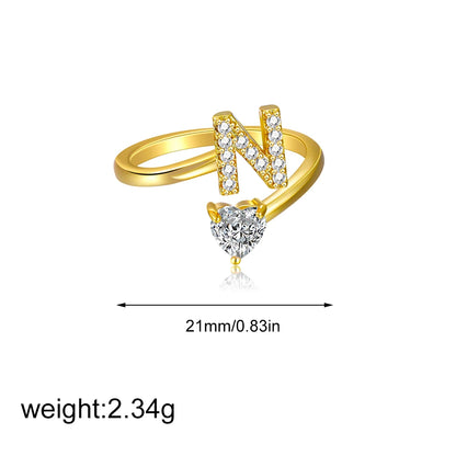 Gold Letter Open Heart Shape Cubic Zirconia  A-Z 26 Letter  Lnitials Rings