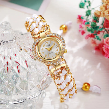 Luxury Rhinestone Heart Dial Woven Strap Quartz Wristwatch