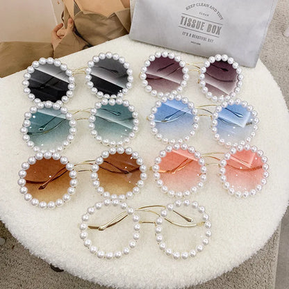 Luxury Pearl Metal Frame Round Sun glasses